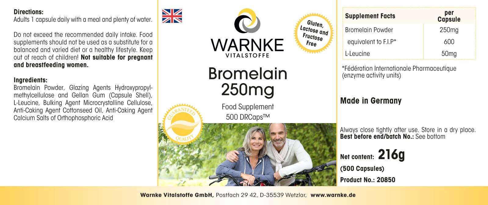 Bromelain 250mg - hochdosiert - 500 Kapseln - schluckfreundlich - Großpackung - vegan - Ananasenzym | Warnke Vitalstoffe - Deutsche Apothekenqualität