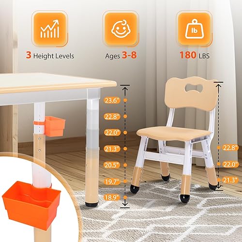 Miniatura 2 de JOYMOR Juego de mesa y 4 sillas para niños de altura ajustable, juego de mesa y silla para niños de 2 a 8 años, adecuado para manualidades y