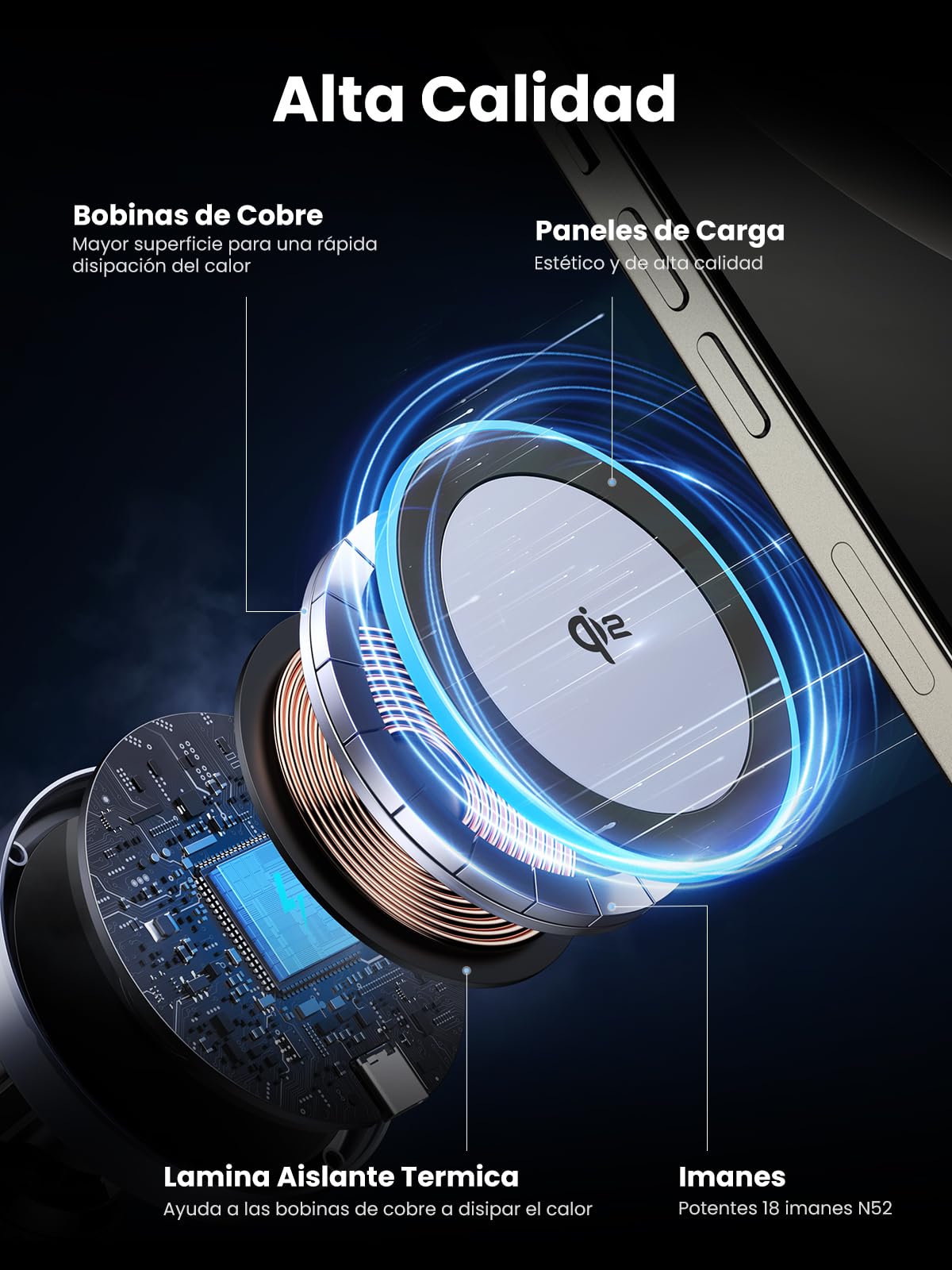 UGREEN MagFlow Cargador Inalámbrico iPhone Coche Certificación Qi2 Real 15W Carga Rápida Soporte Móvil Coche Magnético Compatible con MagSafe iPhone 17 16 15 14 13 12 Pro MAX Air Plus