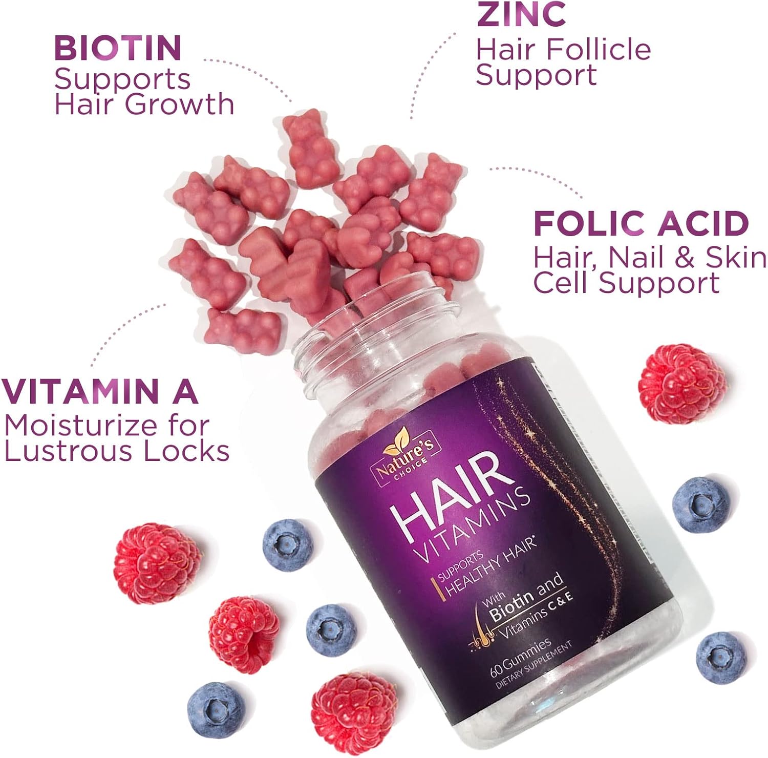 Hair Vitamins Gummies with Biotin 5000 mcg Vitamin E & C Support Hair Growth Gummy, Premium Vegetarian Non-GMO, for Stronger, Beautiful Hair, Skin & Nails Gummy, Red Berry Supplement - 60 Gummy Bears