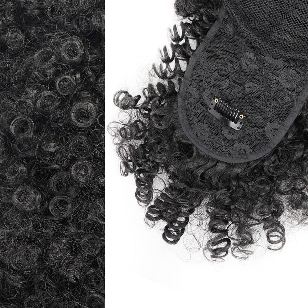 sztuczne włosy kok Syntetyczny krótki, kręcony kucyk ze ściągaczem i grzywką, doczepiany Afro High Puff Hair Bun Hairpiece Akcesoria do włosów(1BTgrey)