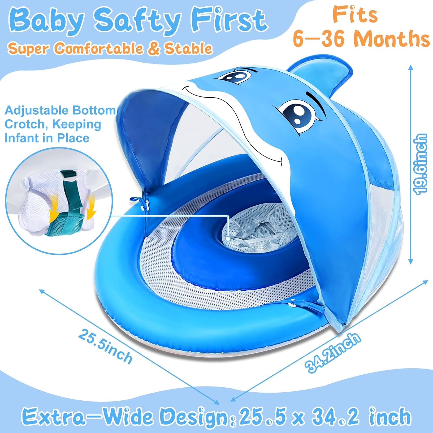 AMENON Dolphin Baby Swimming Pool Float Ring with Adjustable Removable Canopy UPF50+ Sun Protection Never Flip Over Safety Seat Inflatable Baby Spring Floatie Swim Trainer Infant Toddler, 6-36 Months : Toys & Games