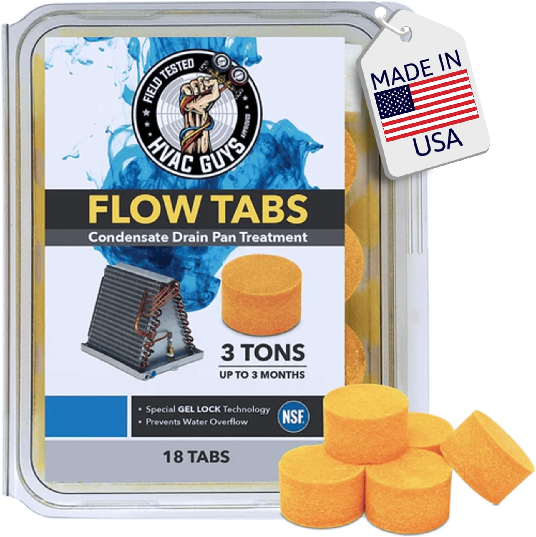 HVAC Guys: Flow Tabs with Gel Lock Technology - 18 Pack - Keeps Drain Pan Clean - Prevents Overflow - 3 Ton Tabs Lasts Up to 3 Months - 18 Regular Tablets (324 Total) - Made in USA
