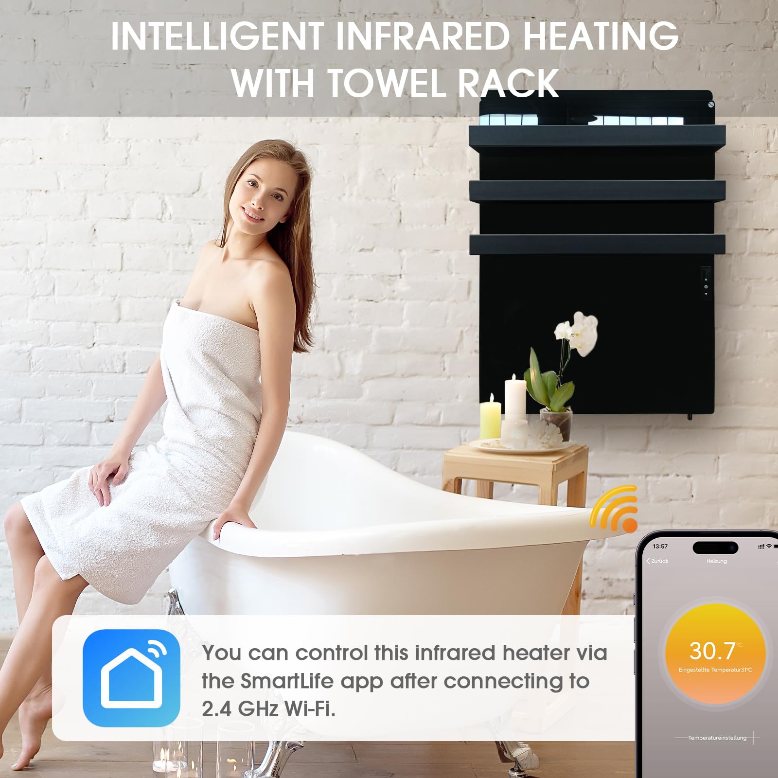 Infrarotheizung mit Thermostat 730 Watt, Bad-Heizkörper mit Handtuchhalter, Infrarot Wandheizung mit App Steuerung, Elektroheizung mit Touchscreen, Handtuchheizung, Handtuchtrockner, Schwarz