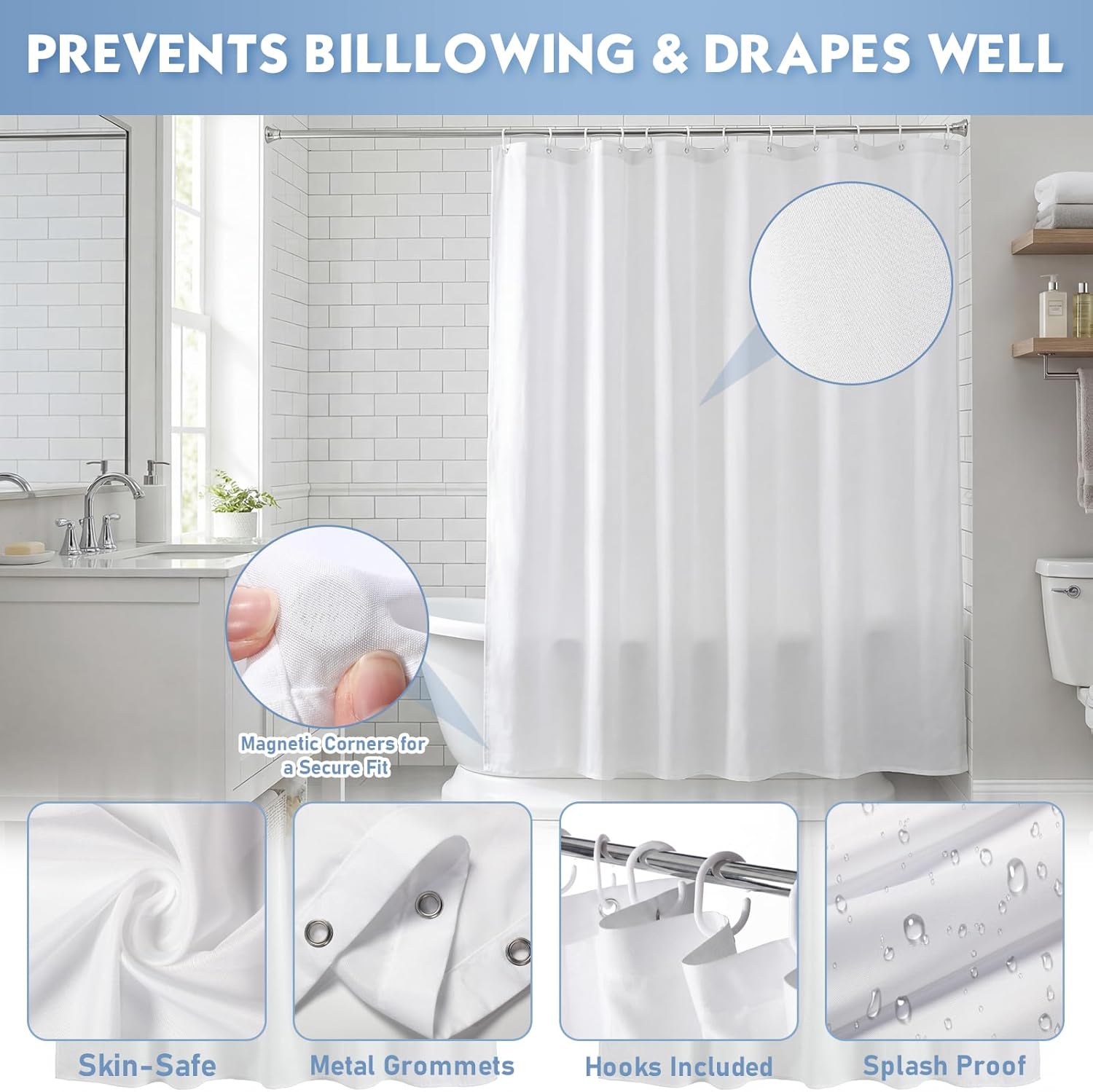 4 Pack Cotton-Feel Washed Fabric Shower Curtain Liners 72x72 Inch with Magnets and 48 Hooks, White Soft Cloth Shower Liner, Splash Resistant and Machine Washable for Bathroom Tub