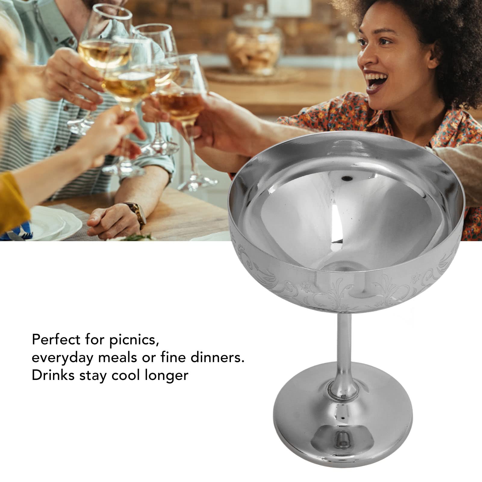 Metal Martini Glasses, Metal Champagne Glass Stainless Steel Martini Glasses Engraved Goblet Cocktail Glasses Martini Goblets Glasses(Silver Flower) - Image 3