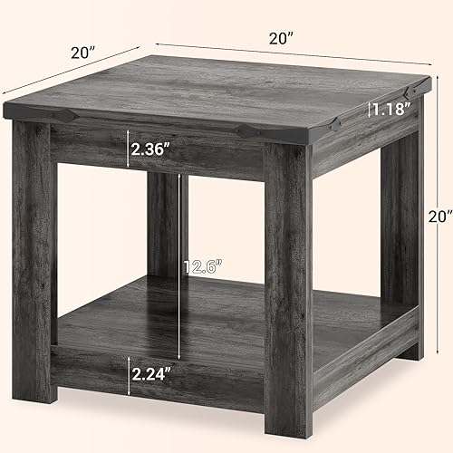 Miniatura 2 de Homieasy Mesa auxiliar cuadrada, mesa auxiliar de granja de 20 x 20 pulgadas con estante de almacenamiento, mesa decorativa industrial para sala de