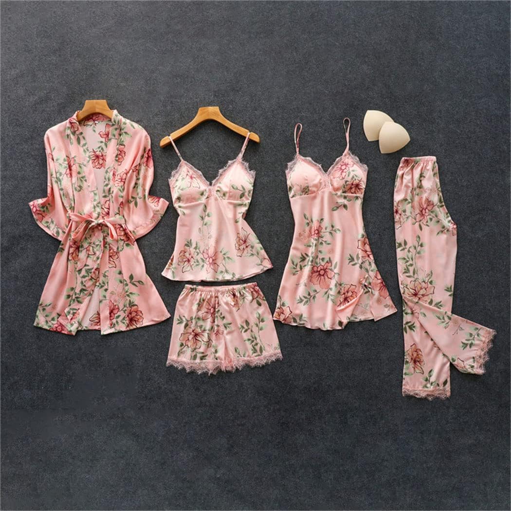 Haitpant Womens Pink Pajamas Sets Strap Top Pants Sleepwear Suit Spring Autumn Home Wear Nightwear Kimono Robe Bath Gown