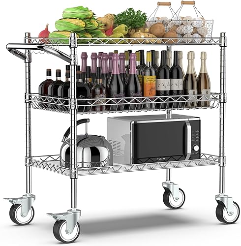 Miniatura 9 de Leteuke Carritos de cocina rodantes con ruedas, 34" L x 17.5" A, carrito utilitario resistente de 3 niveles con tablero de madera, carrito de Mesa