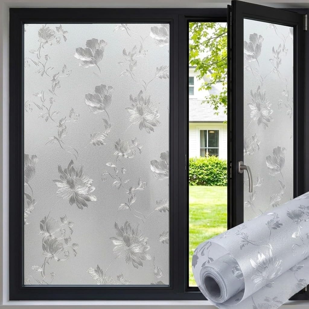 Premium Vinyl Privacy Stained Frosted Window Glass Film (12x60 Inch) - Self-Adhesive Wallpaper Film Opaque Tint Cling for Glass Cover Window, Door, Office, Home.| Anti-UV. Frosted Flowers