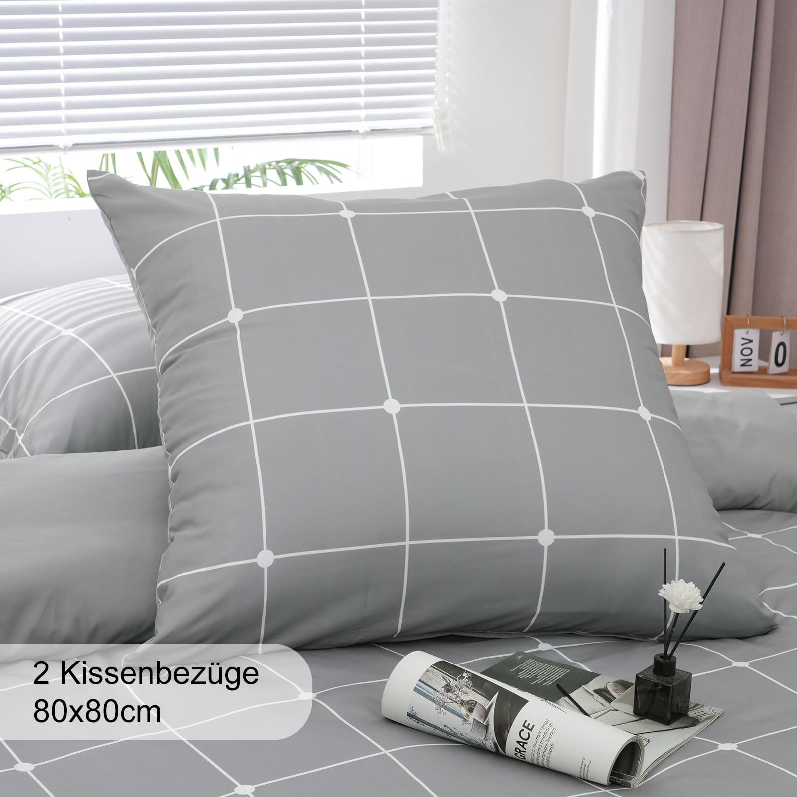 PHF, biancheria da letto 4 pezzi, copripiumino 135 x 200 cm, morbida e non necessita di stiratura, 2 x 135 x 200 cm, con 2 federe 80 x 80 cm, set di biancheria da letto spazzolata con chiusura lampo