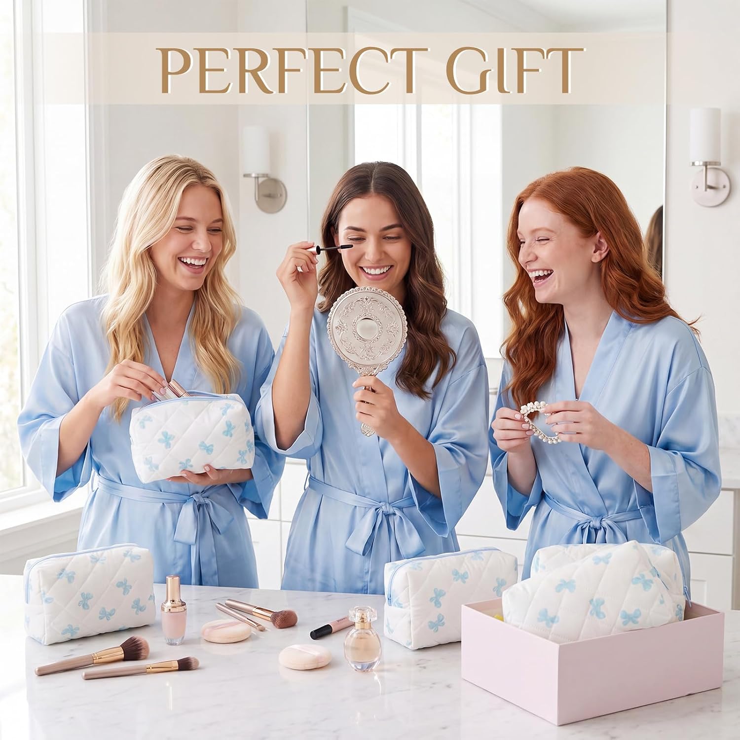 Paterr 6 Pcs Quilted Makeup Bag Bulk Women Girls Wedding Birthday Graduation Bridesmaid Gifts Cotton Bow Floral Cosmetic Bag Cute Coquette Aesthetic Travel Toiletry Pouch(Bow Print,Light Blue)