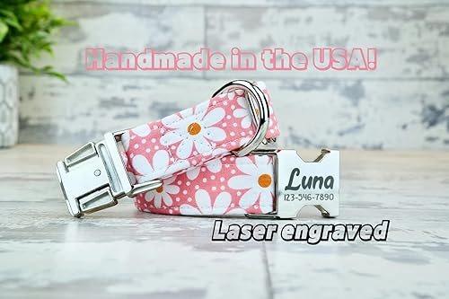 Miniatura 3 de Collar de perro floral de margaritas rosadas con hebilla de metal o plástico, hecho a mano, collar personalizado grabado personalizado, 1 pulgada de