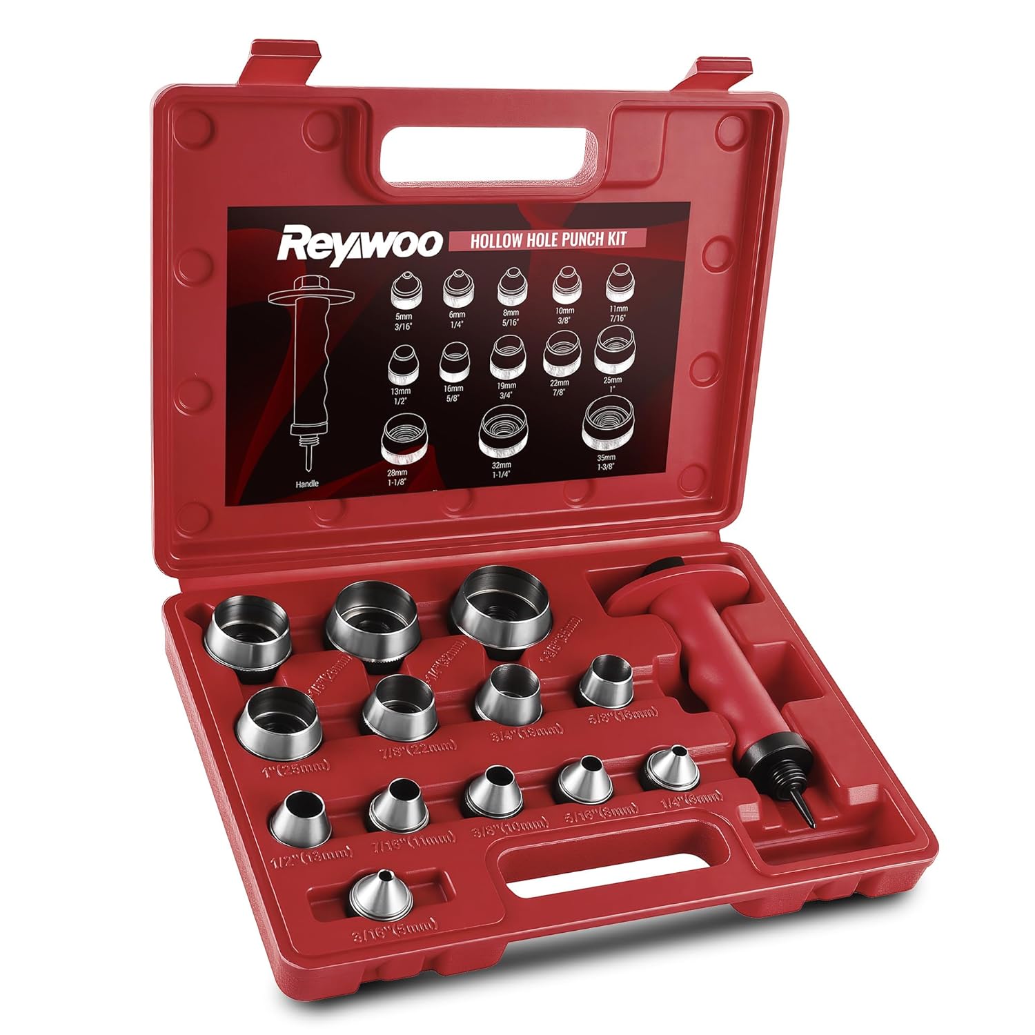 Reywoo Hole Punch Set, 14 Pcs Hollow Punch Set 3/16" to 1-3/8"(5-35mm), Gasket Punch Set with Pin Point Punch Shaft