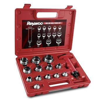 Reywoo Hole Punch Set, 14 Pcs Hollow Punch Set 3/16" to 1-3/8"5-35mm, Gasket Punch Set with Pin Point Punch Shaft