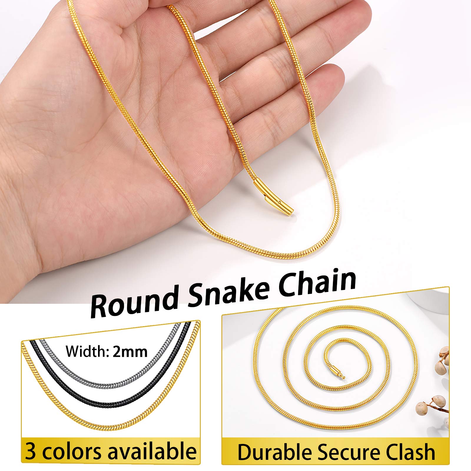 PROSTEEL 2mm Collana Ricambio per Cindolo di Catena Serpente Osso Sottile, Gioiello Donna Uomo Semplice, Lunghezza 41-76 cm, Acciaio Inossidabile/Placcato Oro, Argento Nero Oro, con Confezione