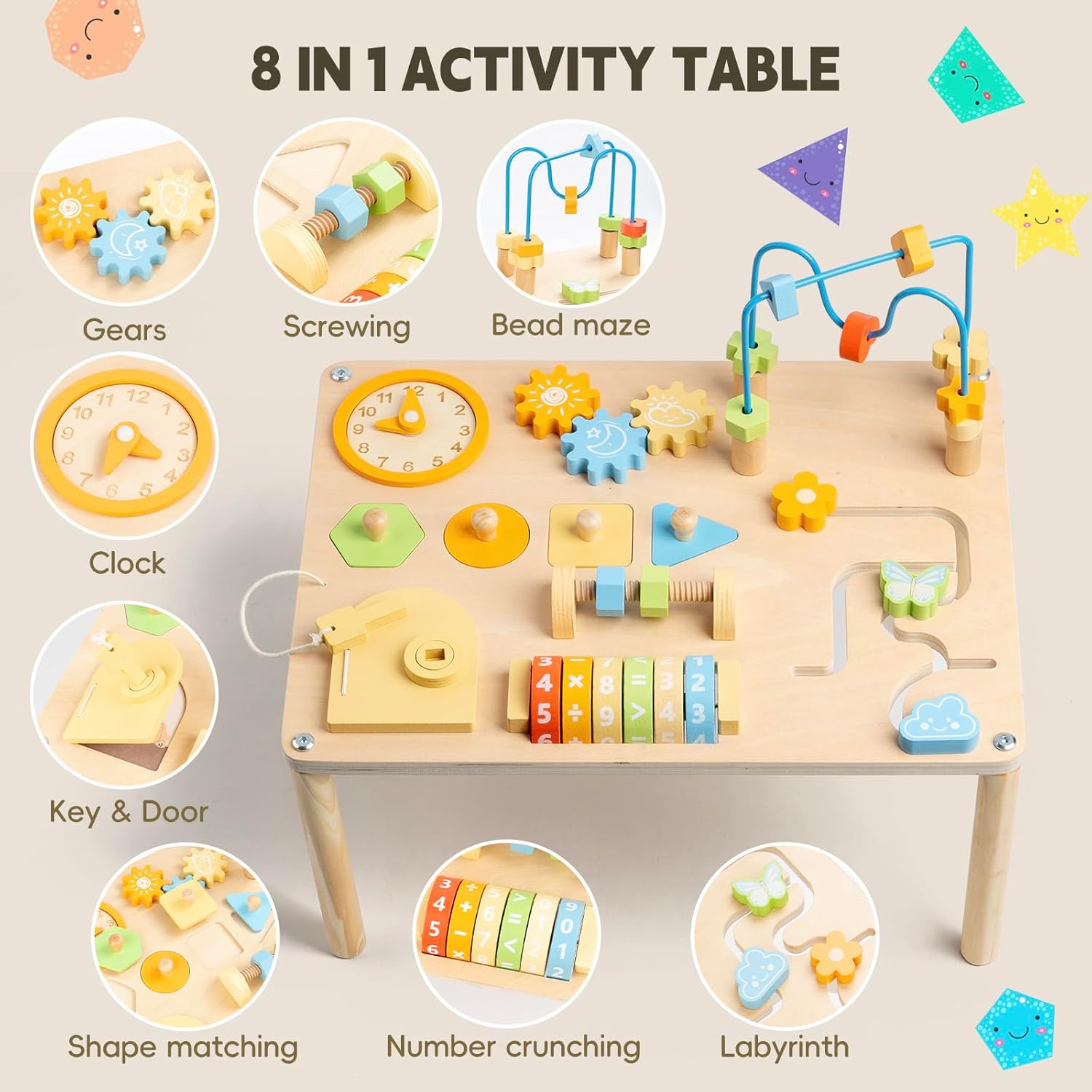 activity table for 1 year old, 8 in 1 macaron-colored montessori toys, baby activity table with bead maze & shape sorter, educational sensory table for girls boys 12+ months number