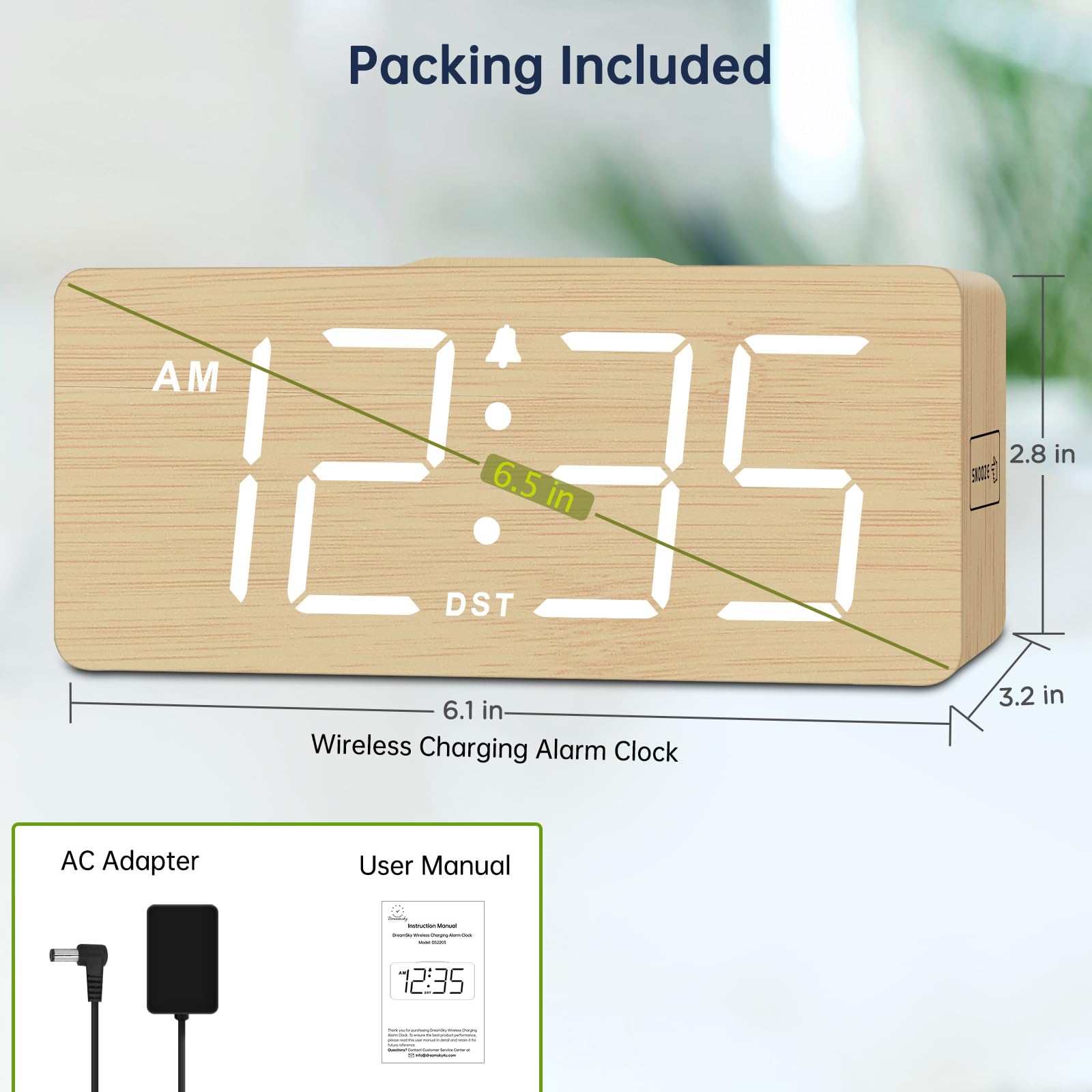 DreamSky Reloj despertador digital de madera con carga inalámbrica para dormitorio | Reloj de mesita de noche con estación de carga, puerto USB, números grandes, volumen ajustable, regulador de brillo, DST