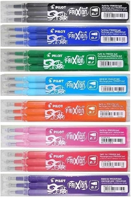 Pilot Assorted Colour Pack Frixion Rollerball Erasable Pens Pen Refills Spare Ink BLS-FR7 (1 Of Each Colour - 8 Refill Packs - Black, Orange, Blue, Green, Purple / Violet, Pink, Light Blue & Red)