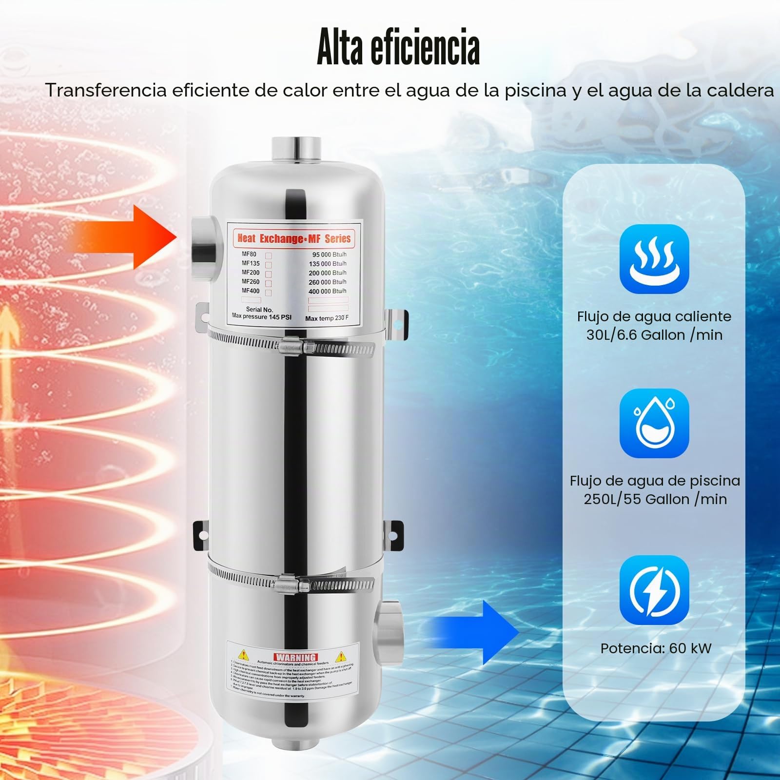 Intercambiador de calor de piscina de acero inoxidable, intercambiador de calor para piscina, 60 kW, calefacción de 30 l/min, flujo de agua caliente, calentador de piscina para piscinas