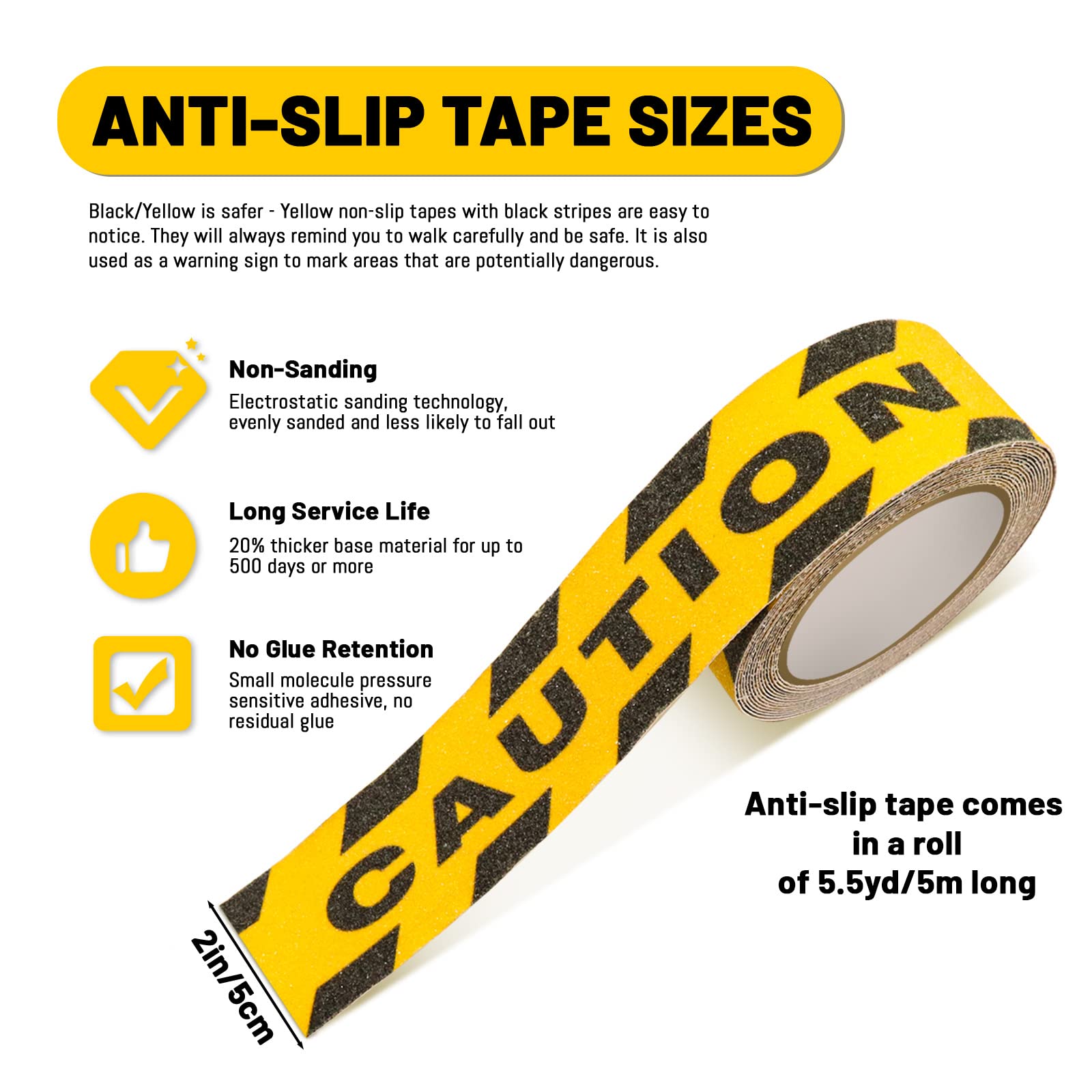 Watch Your Step Caution Tape 5 cm x 16,4 m, nastro antiscivolo giallo nero impermeabile, antiscivolo ad alta trazione nastro di sicurezza per scale gradini, scale per interni ed esterni (B)