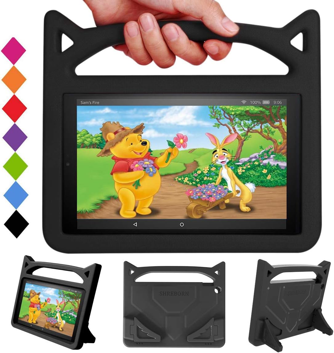 Kids-Proof Case for 10 Tablet(9th/7th Generation,2019/2017 Release) -SHREBORN Lightweight Shockproof Case with Cute Cat Handle Stand,Not for iPad Nokia Sony 10in Tablet-Black