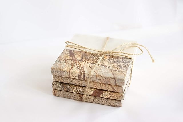 Set of 4 Two Tone Marble Coasters - Gift Packed - Natural Marble - Home or Office Use - Bar Accessory