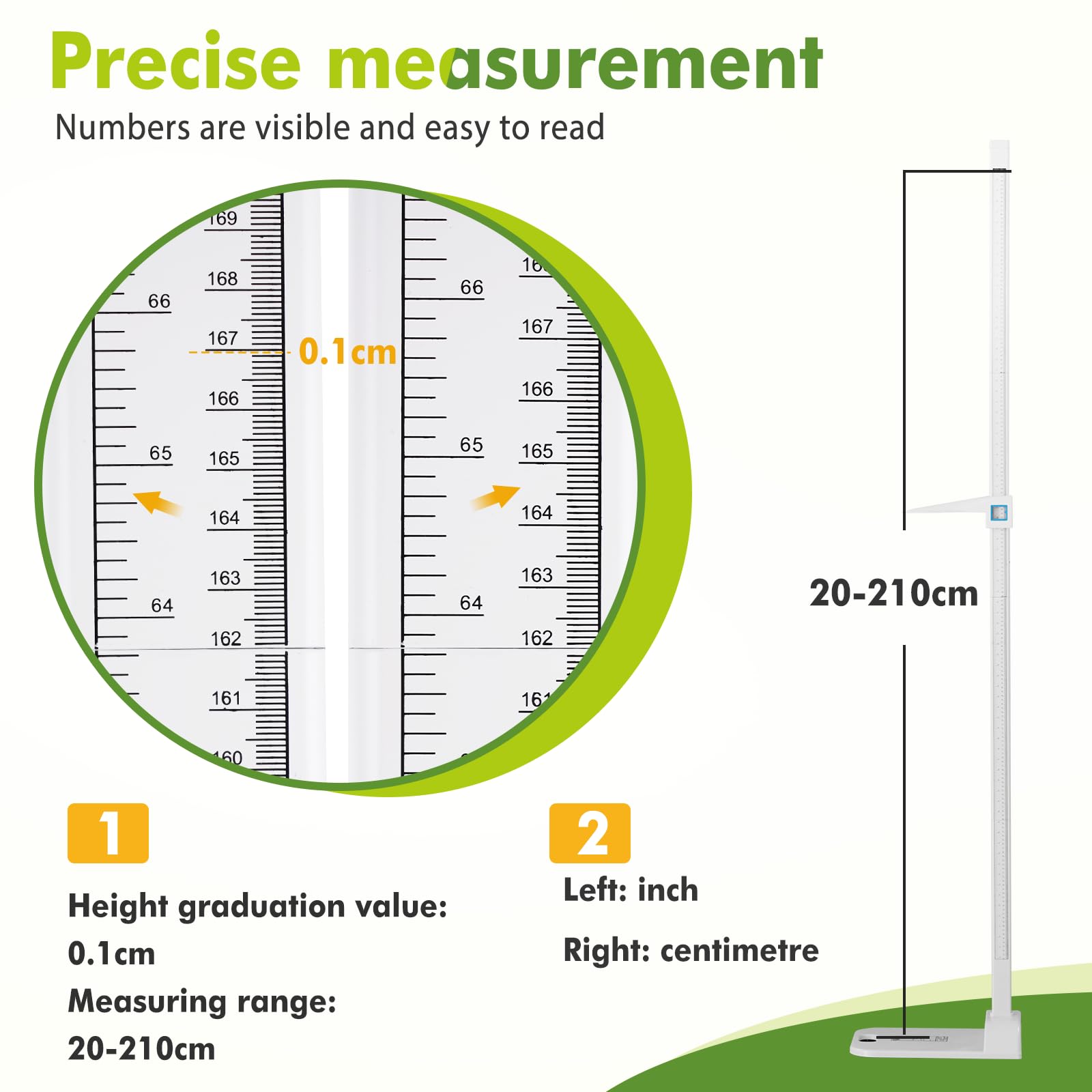 YJINGRUI Estadiómetro portátil de 20 a 210 cm con pantalla de doble escala para adultos y niños