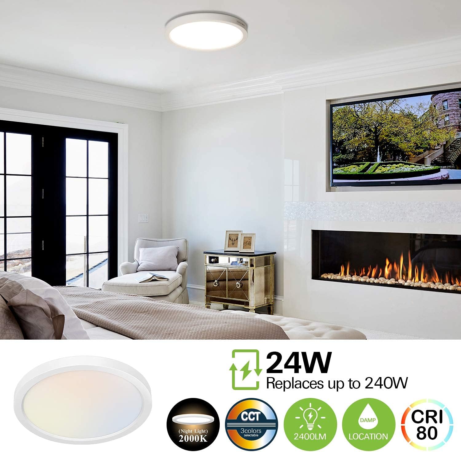 13 Inch LED Flush Mount Ceiling Light with Night Light, 24W, 2400lm, 3000K/4000K/5000K Selectable, Round Flat Panel Light, Dimmable Ceiling Light Fixture for Dining Room, Bedroom, Kitchen, Hallway - - 