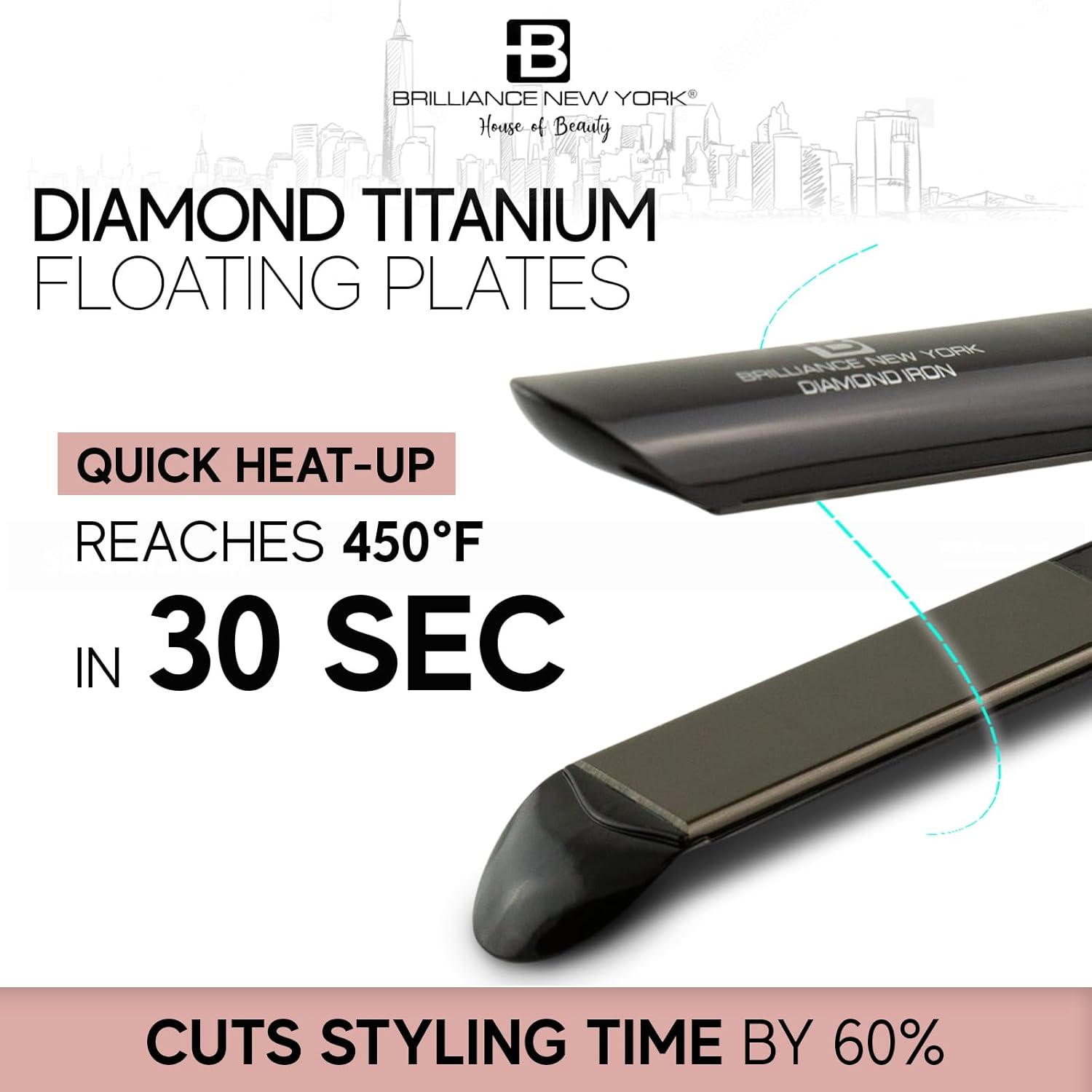 Brilliance New York - 1 Inch Diamond Titanium Flat Iron - 2 in 1 Hair Straightener and Curler - Anti-Static, Frizz-Free Ionic Plates - Auto Shut-Off Dual Voltage Flat Iron w/LCD Display