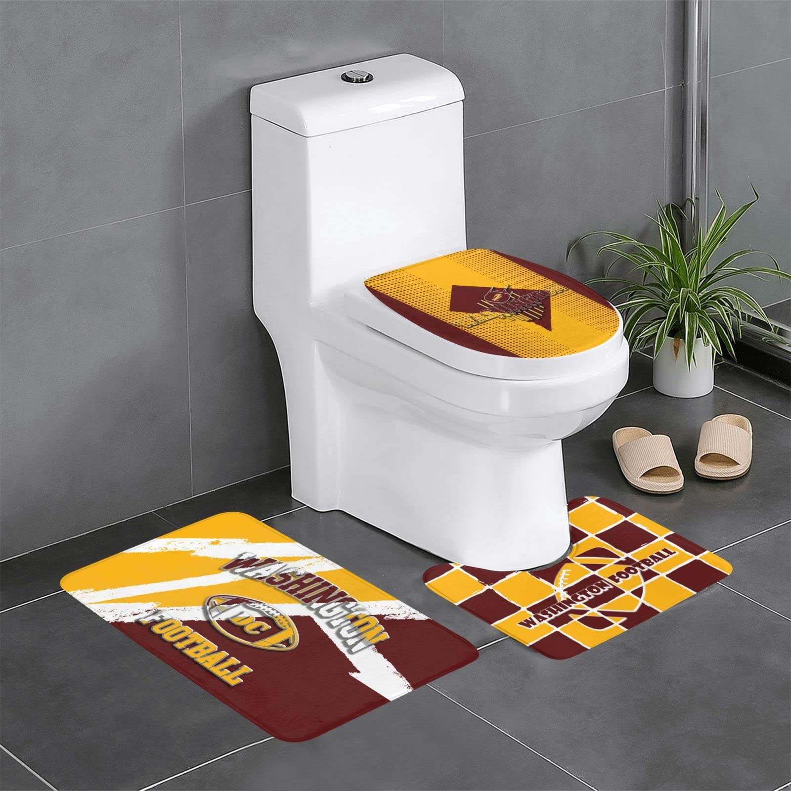 Hhaj Washington Bathroom Rug Mats Football Sports Fans Non-Slip Bath Rug Toilet Seat Cover Washable Bathroom Mat Set of 3