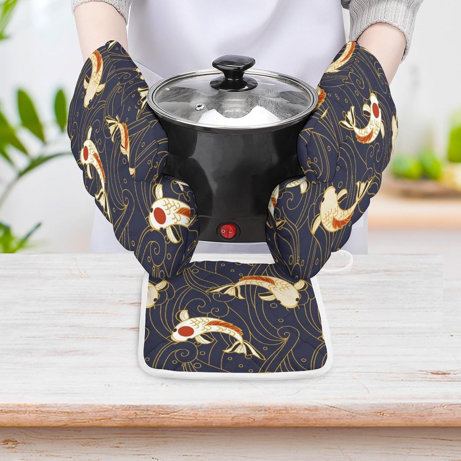 Japan Waves Fish Print Oven Mitts and Pot Holders 3 Piece Sets Heat Resistant Gloves Hot Pads Potholders for Kitchen Baking Cooking