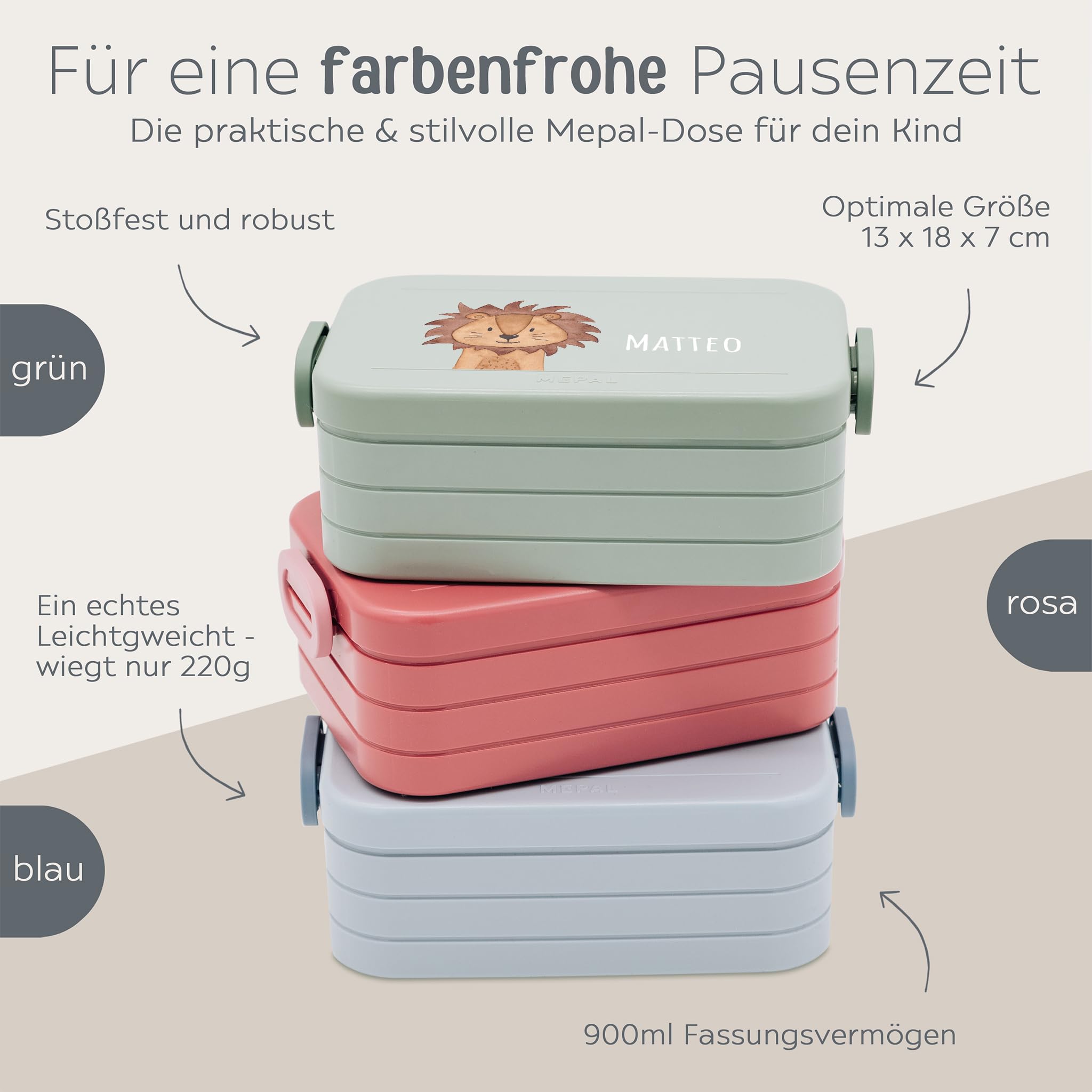 wunderwunsch MEPAL Brotdose Spülmaschinenfest Kinder, Lunchbox mit Einsatz für perfekte Ordnung, Spülmaschine, Mikrowellengeeignet, personalisiert mit niedlichem Motiv (Löwe, grün)