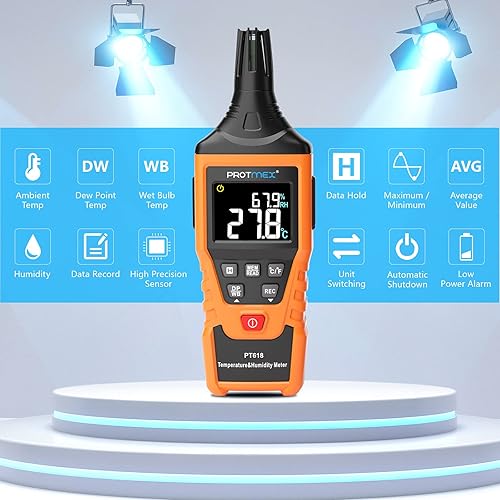 Miniatura 5 de Protmex PT618 Medidor de Temperatura y Humedad, Termómetro Higrómetro con Ambiente, Punto de Rocío, Bulbo Húmedo para Interior/Exterior MÍN, MÁX