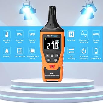 Protmex PT618 Temperature Humidity Meter, Thermometer Hygrometer Monitor with Ambient, Dew Point, Wet Bulb for Indoor/Outdoor MIN, MAX, Data Hold, LCD Backlight
