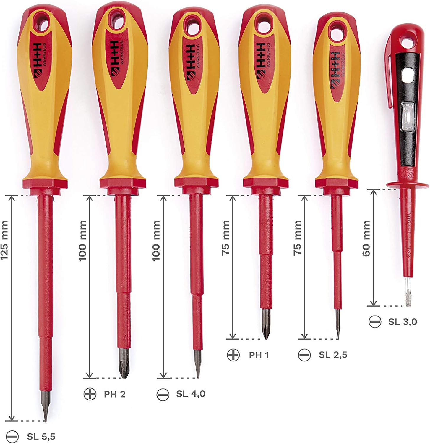 H+H Werkzeug SDSX6 Screwdriver Set 6 Pieces Including Voltage Tester VDE Tested Made in Germany Red/Yellow