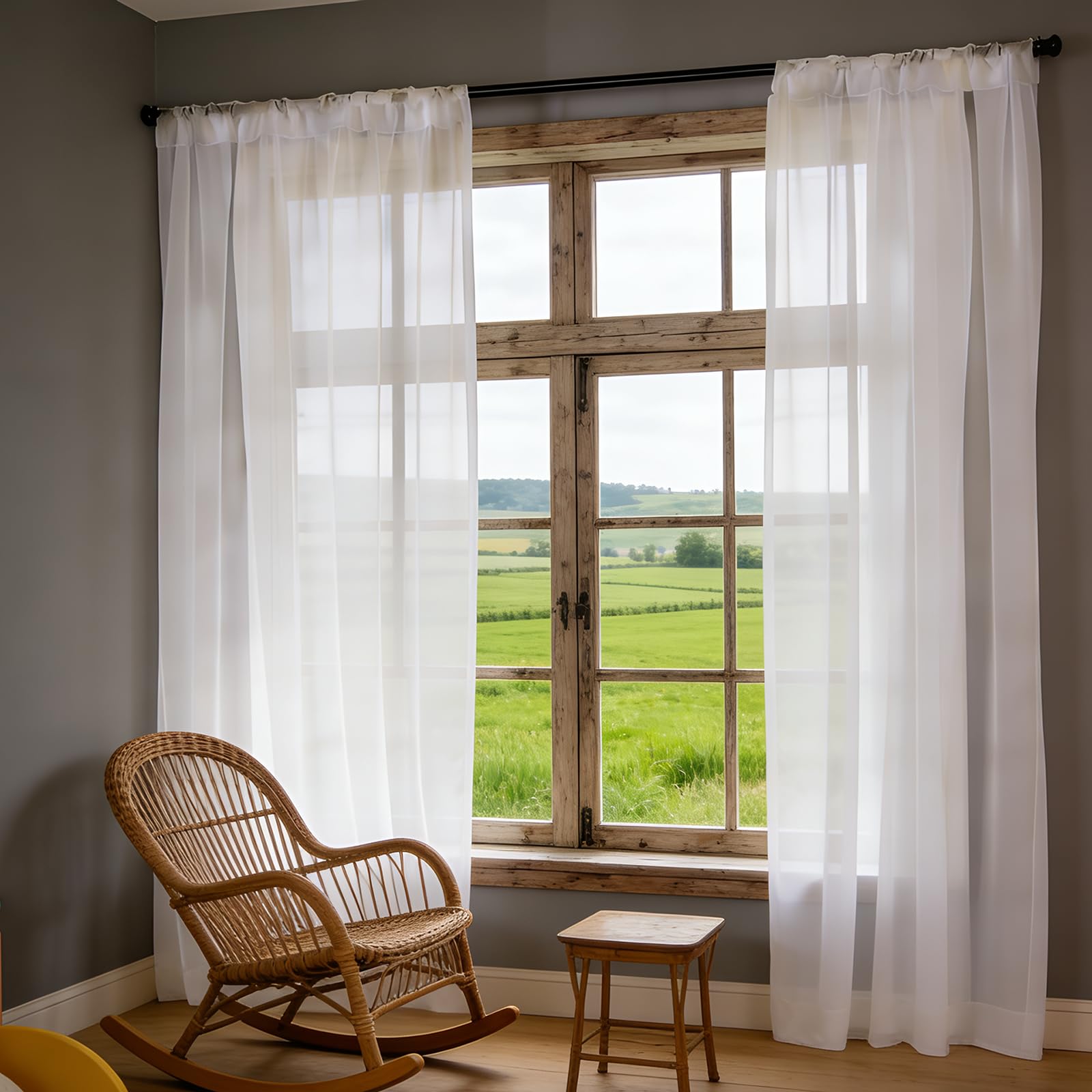 Voile Gardinen mit Ösen 170 x 220 cm mit Kräuselband, Halbtransparent, Lichtdurchlässig, mit Ösen in Leinenoptik, Luftig Und Langlebig, Leinenoptik Voile Vorhänge für Jedes Fenster, Weiß