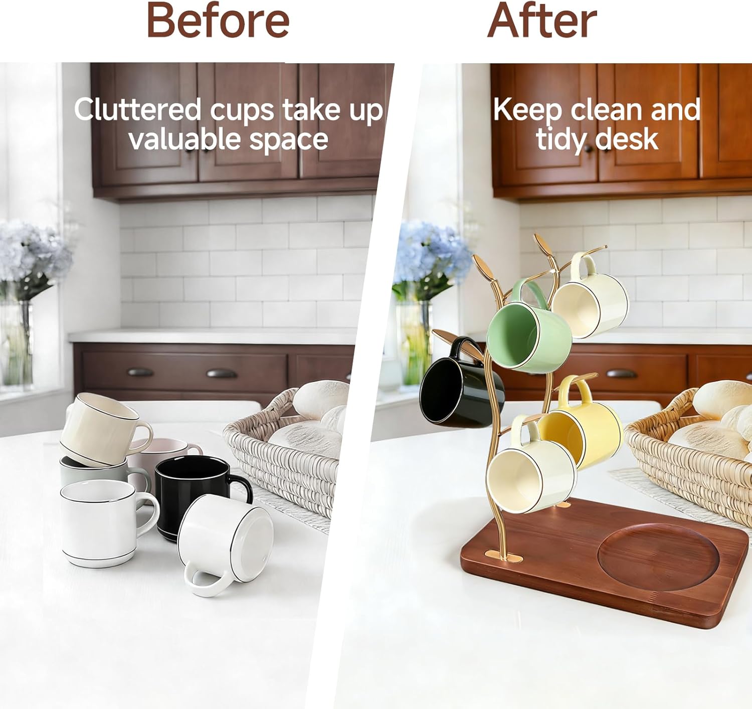 Gold Mug Holder Tree with Wood Base, 8 Hooks Coffee Cup Holder Stand - Stable Removable Mug Rack for Kitchen Countertop, Coffee Bar Accessory, Space Saving Organizer(Mug Not Included)