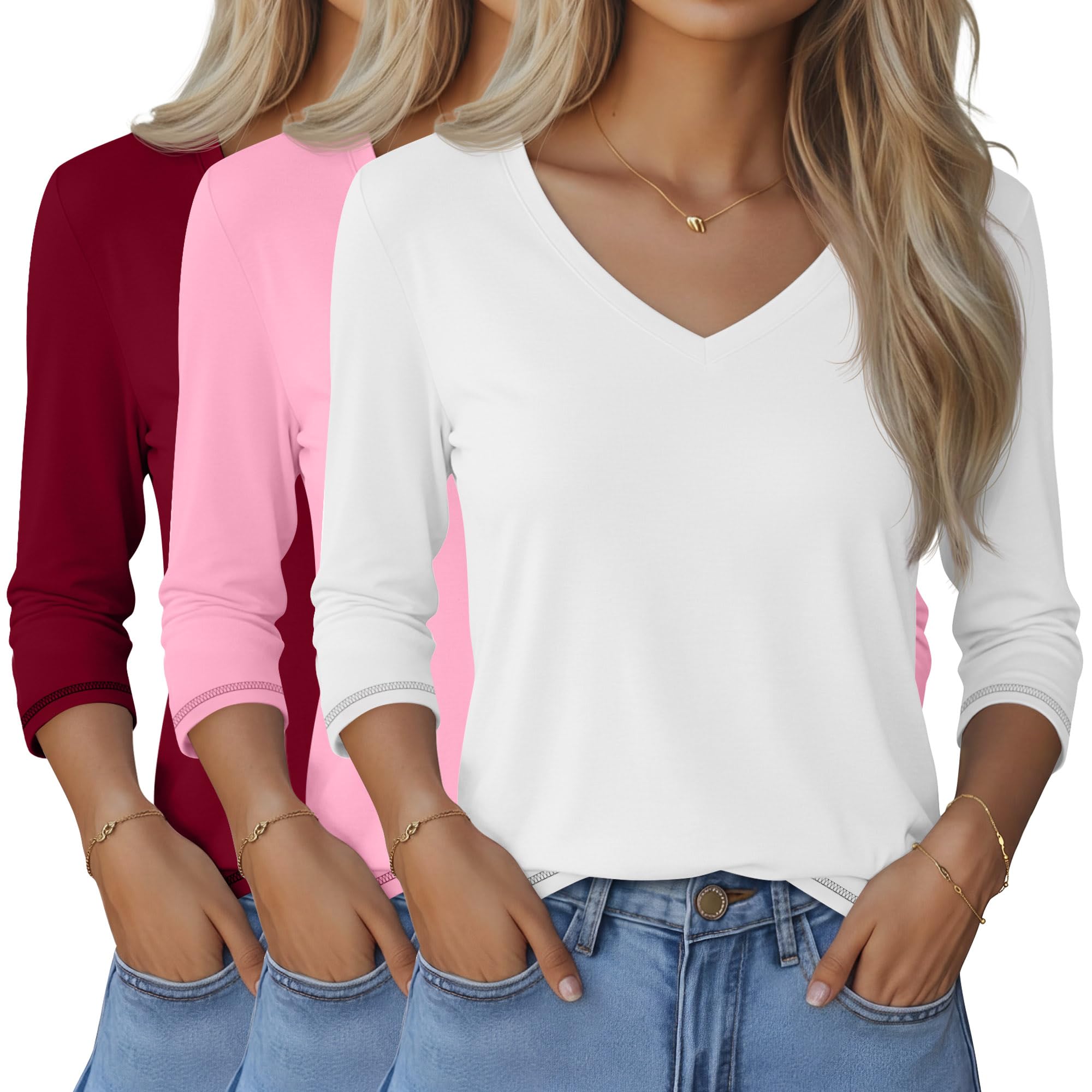 Ficerd 3-Pack 3/4 Sleeve V-Neck Tees