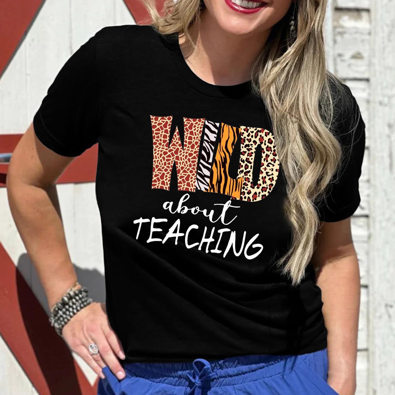 Womens Teacher Shirts Wild About Teaching Leopard Print T-Shirt Teacher Life Tee Top - Image 3