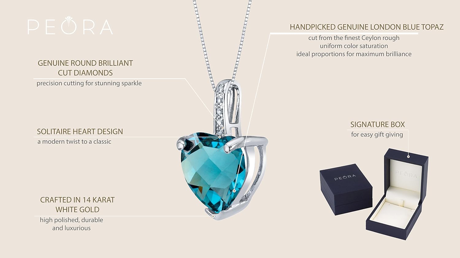 PEORA London Blue Topaz and Diamond Heart Pendant for Women 14K White Gold, Genuine Gemstone, with 18 inch Italian Chain, December Birthstone Necklace