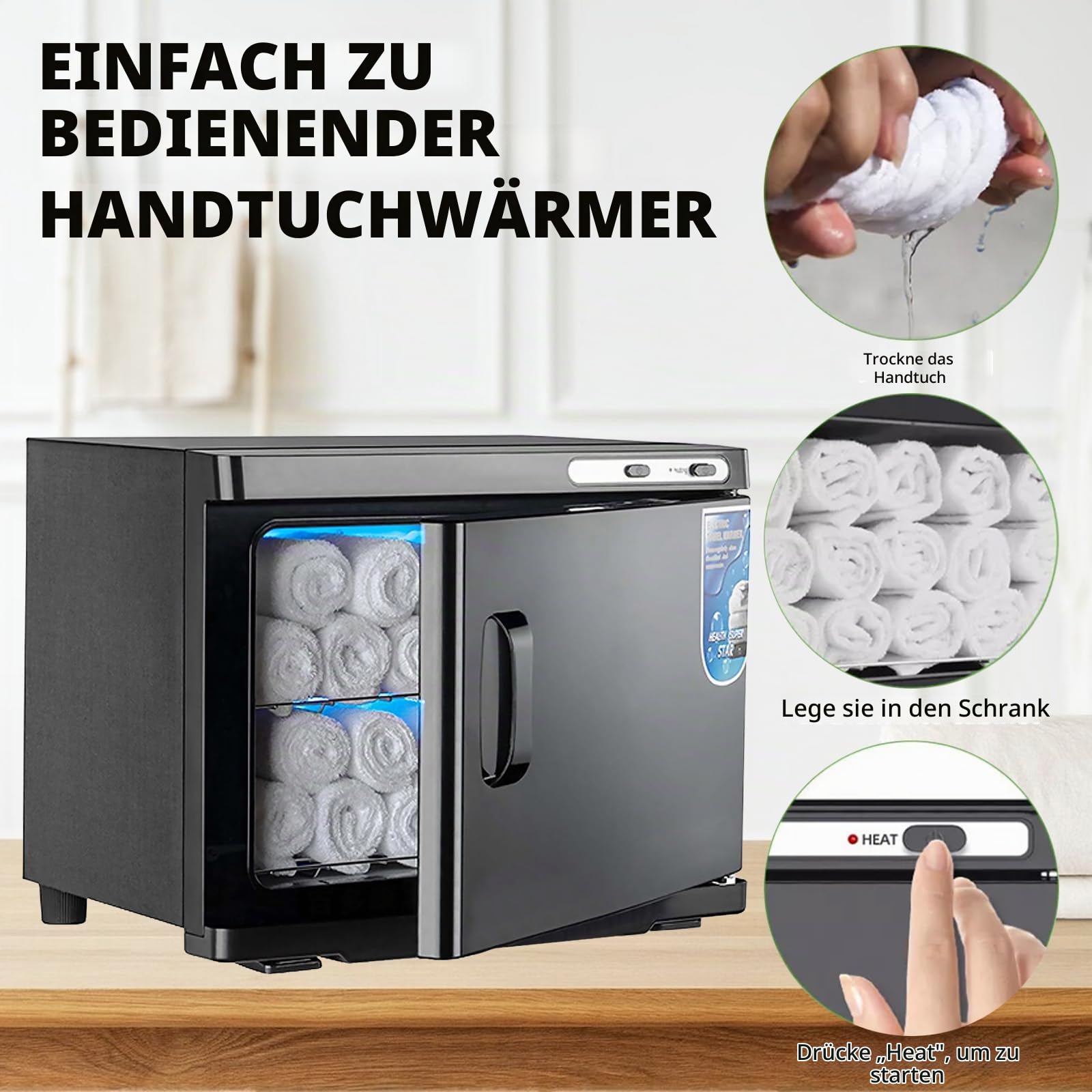25L Handtuchwärmer, UV-Handtuch Desinfektionschrank, Kompressenwärmer, Heißes Handtuch Sterilisator Kabinett-360° Heizfunktion, Handtuchheizschrank für Schönheit, Salon, Spa (Schwarz)