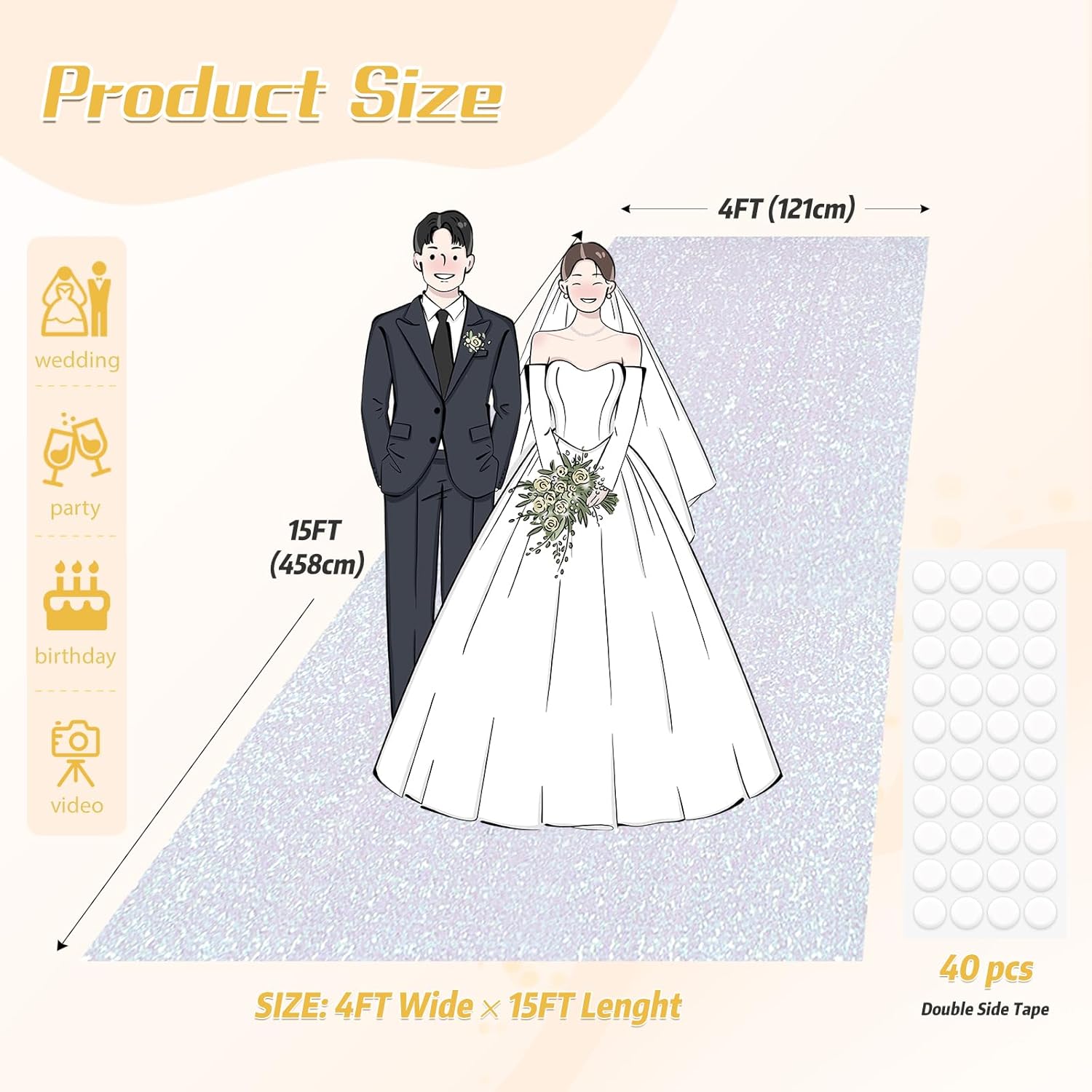 PartyDelight Wedding Aisle Runner Iridescent White 4FTx15FT Sequin Carpet Sparkly Rug for Ceremony Indoor Outdoor Engagement Decoration