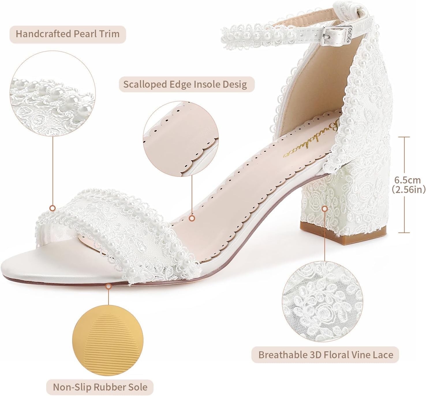 1581 Women’s Open Toe Wedding Shoes 2.56 Inch Block Heel Lace Pearl Strap Ankle Strap Bridal Heels