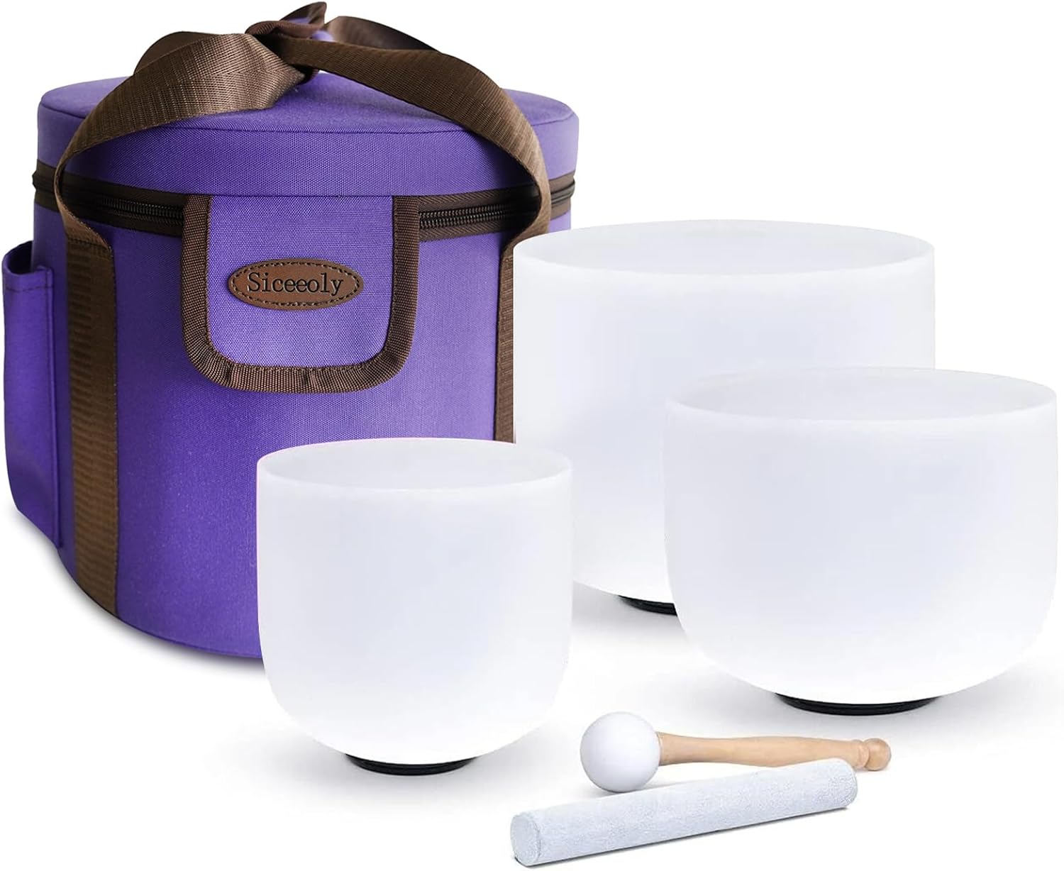 Set of 3 Singing Bowls 432HZ 6-10 inch 6"A 8"F 10"C Frosted Chakra Quartz Crystal Sound Healing Crystal with 1 Travel Carry Case Bag 1 Mallet Suede 1 Striker 3 O-rings