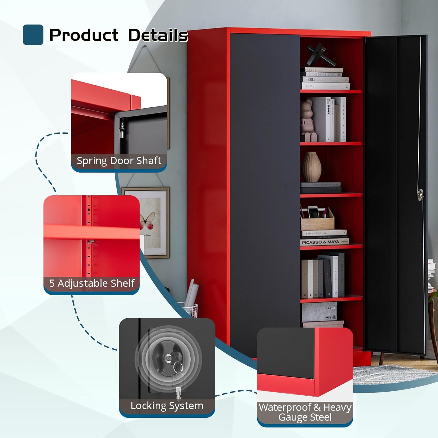 MIIIKO Tall Steel Storage Cabinet with 5 Shelves, Lockable Red Metal Tool Cabinet for Garage and Office, Locking 2 Door Storage with Keys