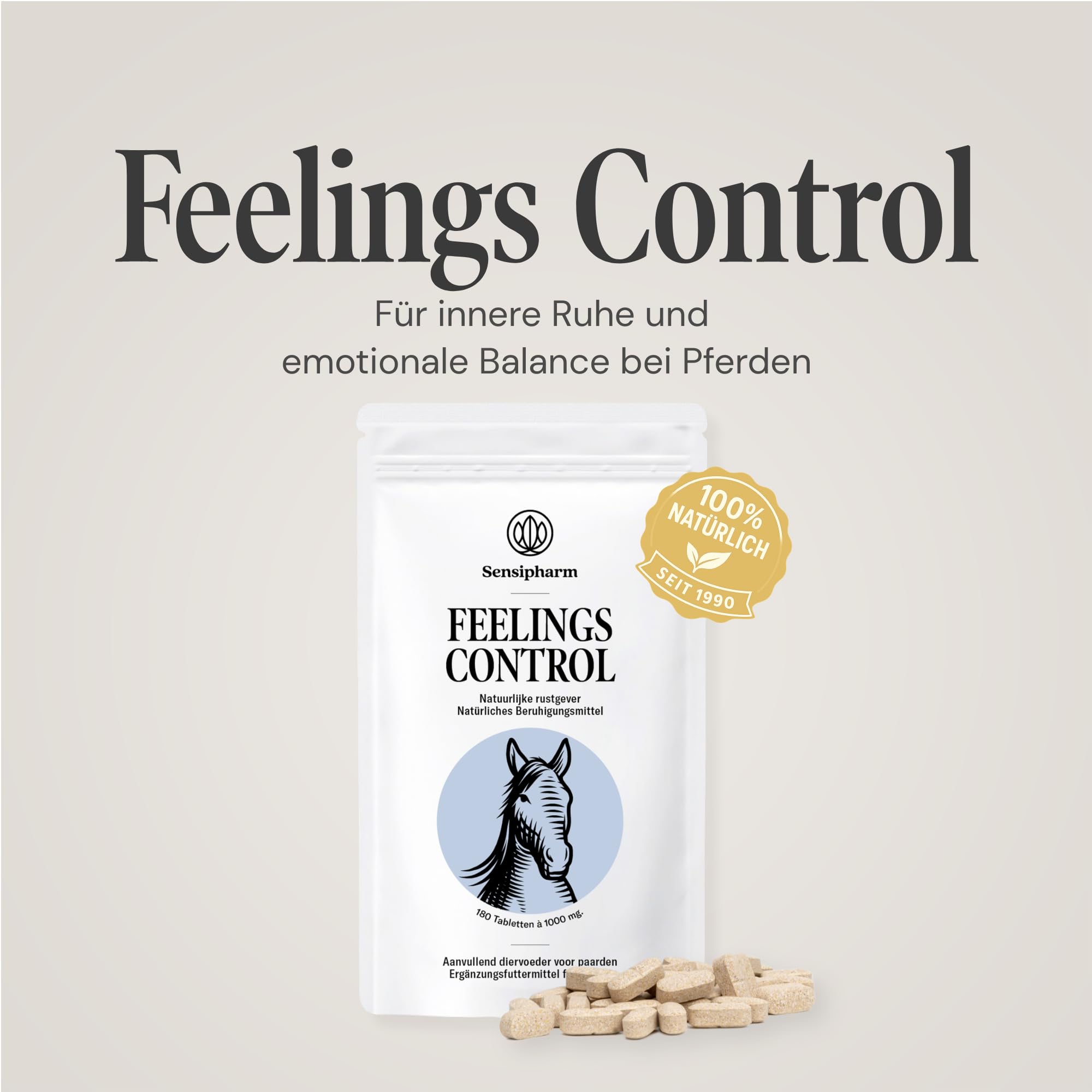 Feelings Control Pferd - Beruhigungsmittel für Pferde bei Angst, Stress & Unruhe - natürliches Anti-Stress Ergänzungsfutter bei Reisen, Training & Turnieren - 180 Tabletten à 1000 mg