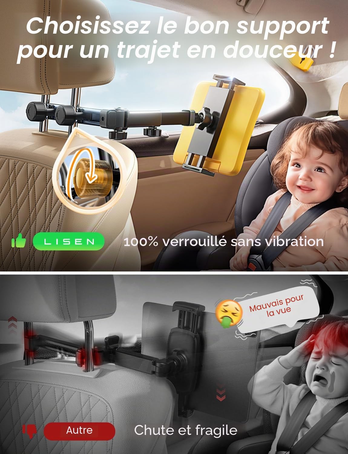 LISEN Support Tablette Voiture Porte Telephone Voiture pour iPad Air Pro Appuie Tete Voiture avec Bras Articulé, Rotation 360° Accessoire Car Interieur pour iPad, Sumsung Tab, Switch, Autre 4,7-11,9"