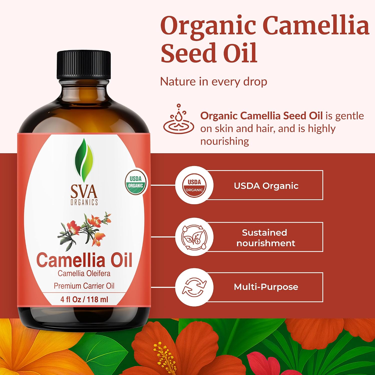 SVA Organic Camellia Seed Carrier Oil with Dropper, 4 Fl Oz (118 ml)