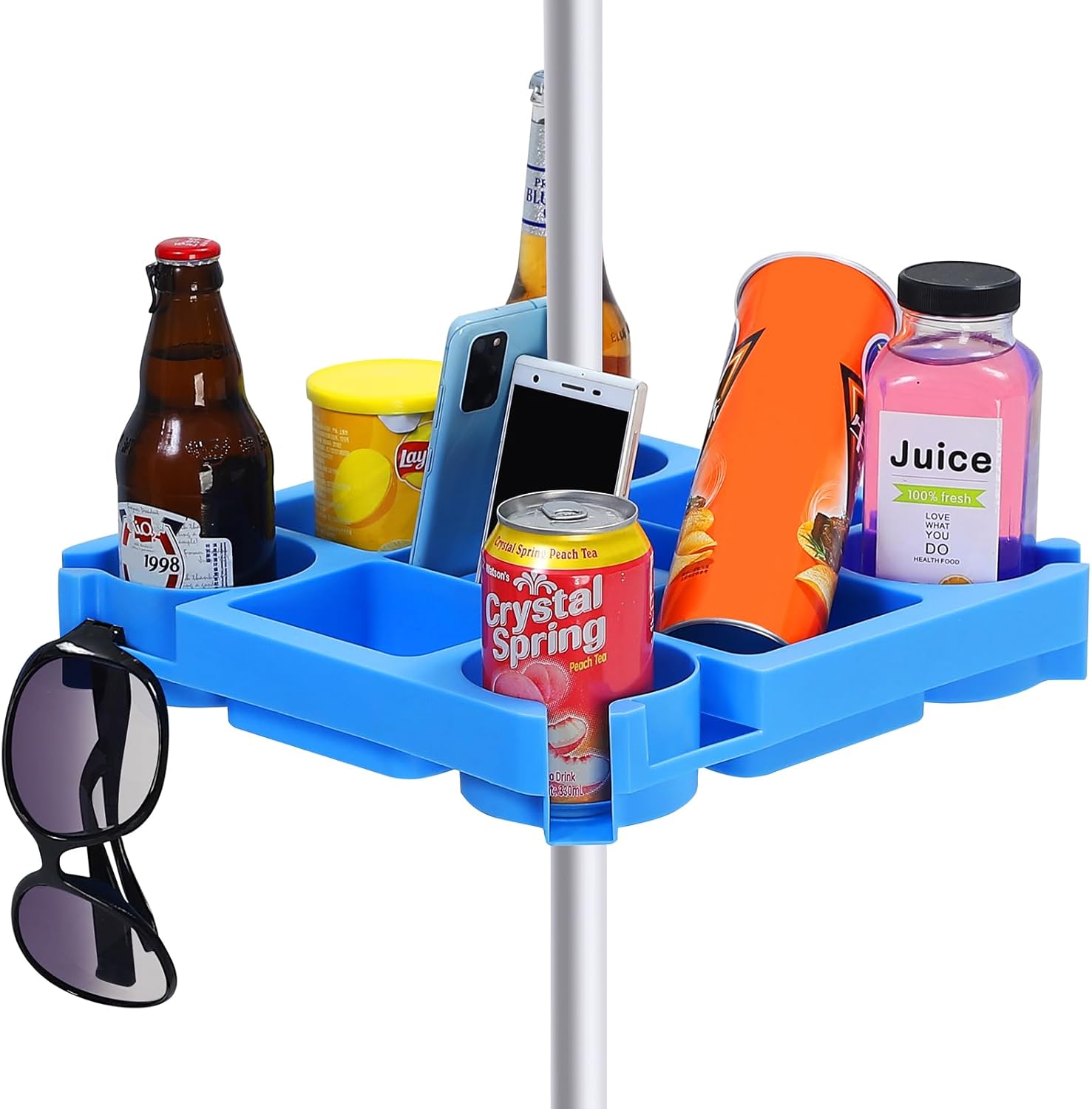 13" Beach Umbrella Table Tray for Beach, Patio, Garden, Swimming Pool with 4 Drink Holder, 4 Snack Compartments, 4 Sunglasses Holes, 4 Phone Slots-Blue